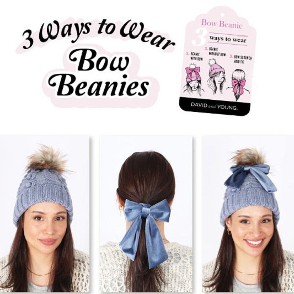 NEW Bow Beanie With Faux Fur Pom - 5 Colors to Choose From